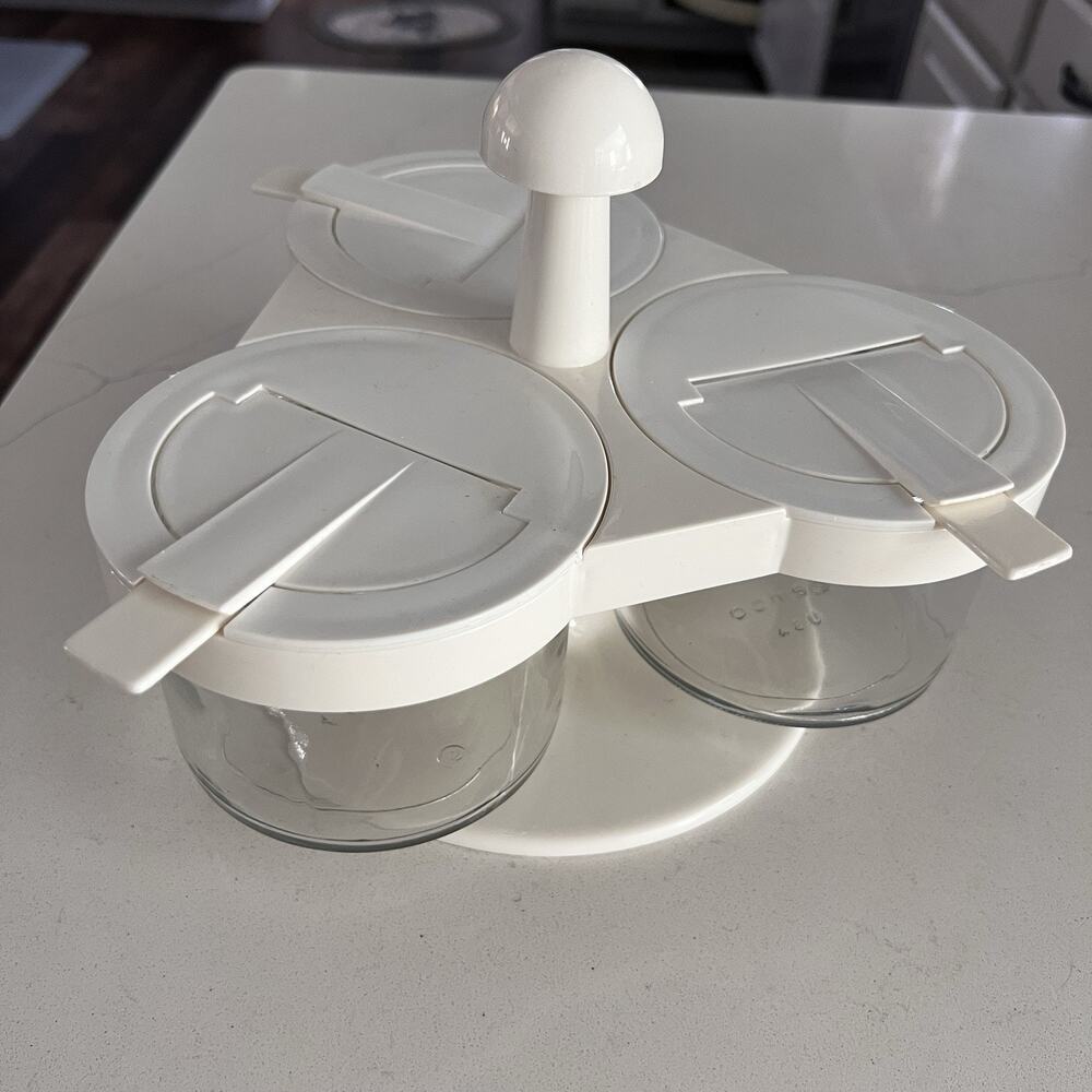 Vtg GEMCO Lazy Susan Condiment Server Rotating Base Clear Glass White Top 7 Pcs